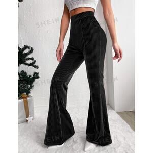 SHEIN: EZ Wear Elastic Waist Velvet Flare Leg Pants Black